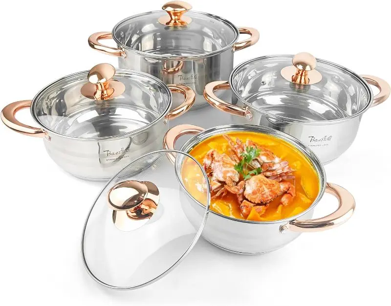 AERFO Stainless Steel Pots and Pans Set -8 Piece Luxe Silver Cookware Set PFOA Free Non Toxic,Induction Safe Dishwasher,Nonstick,pots set