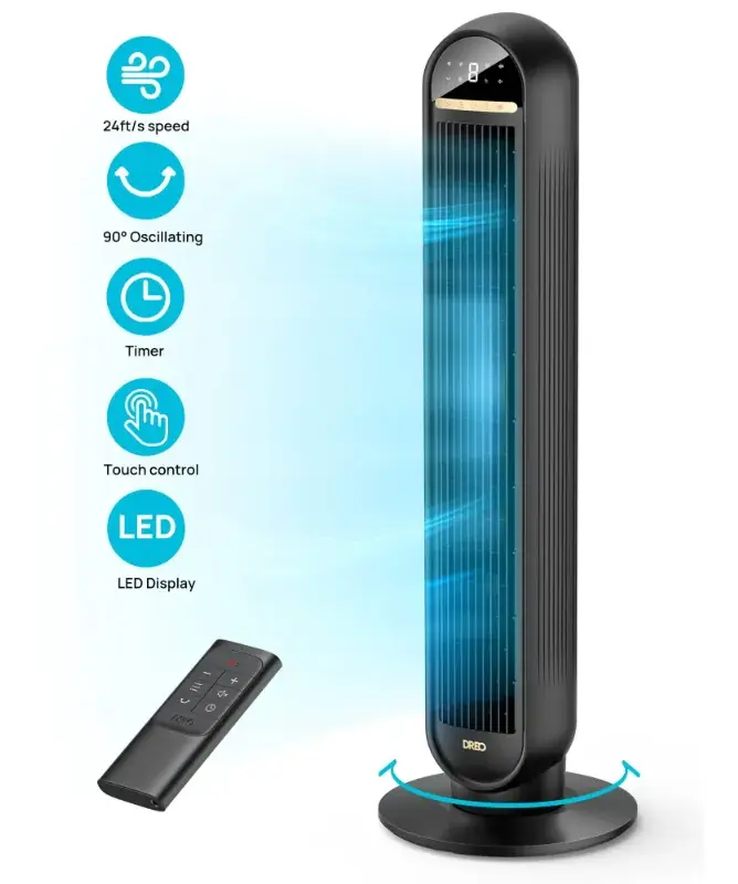 Dreo Tower Fans for Home, 36" Standing Floor Fan with Remote, 90° Oscillating Fan, 24 ft/s High Velocity, LED Display, 4 Speeds, 4 Modes, 8H Timer, Quiet Bedroom Fan