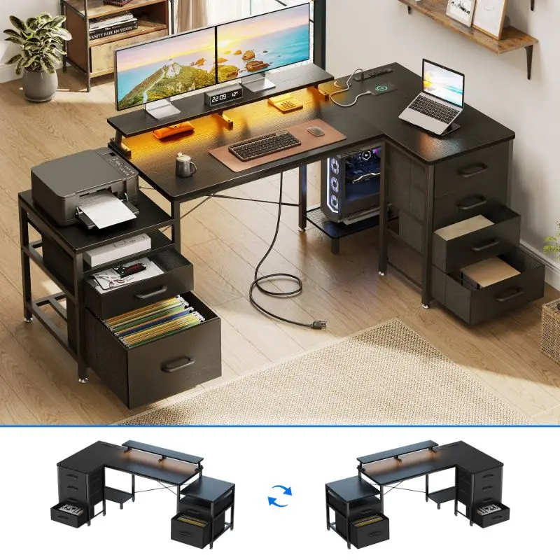 KKL Home Office L Shape Desk with Monitor Shelf and Power Outlet, Black
