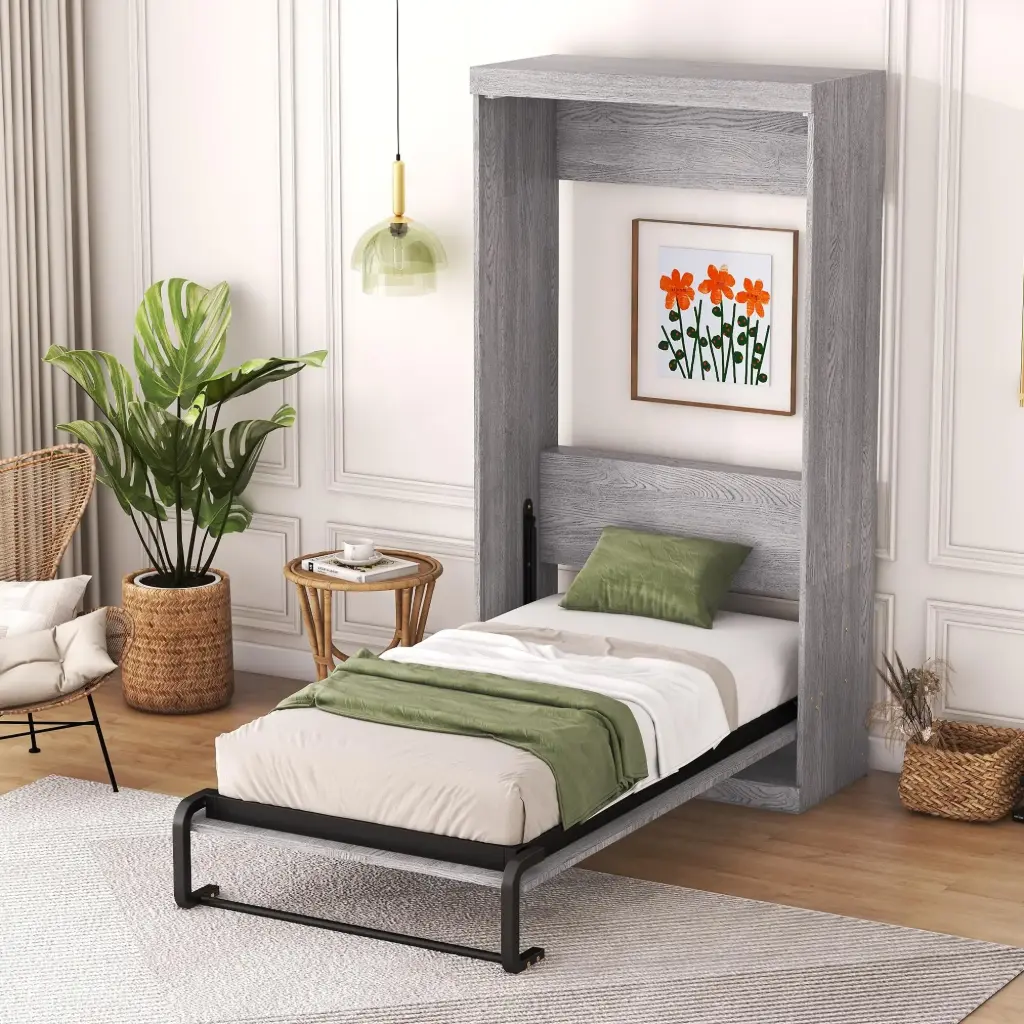Prohon Murphy Bed Twin Wall Bed Easy be Folded into a Cabinet, Strong Metal Bed Frame with Versatile 2 Doors Wardrobe, Space Saving Murphy Bed Chest for Multipurpose Guest Room/Office, Gray