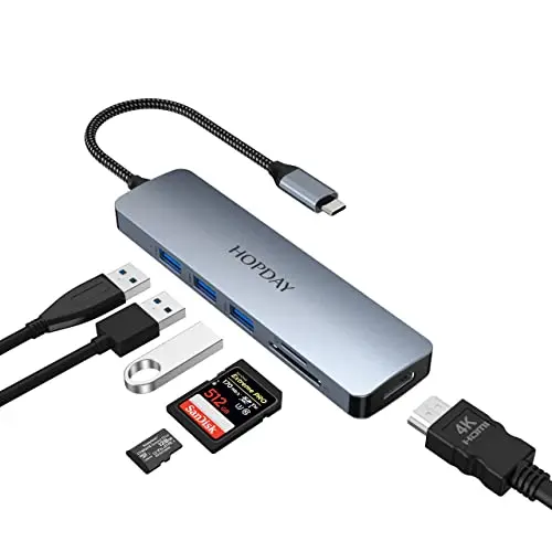 HOPDAY USB C Hub, 6 in 1 Dual Display USB C Adapter for MacBook Pro/Air, USB 3.0 5Gbps Fast Docking Station for Dell,Surface,HP,Lenovo and Other Type C Devices (4K HDMI,SD/TF,USB A 3.0)*** 4x1 combo pack***