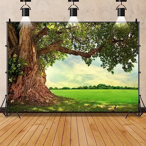 8x6ft Spring Huge Tree Backdrop Spring Nature Scenery Photography Background Rural Aged Tree Sunshine Sky Cloud Grass Field Outdoor Kids Wedding Birthday Party Outdoor Picnic Decoration Banner