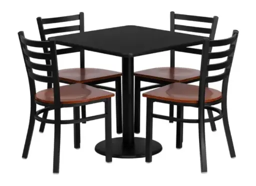 "ONLY TWO CHAIRS" flash furniture clark 30” square black laminate table set with 4 ladder black metal chairs cherry wood seat