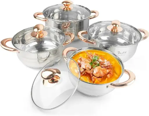 AERFO Stainless Steel Pots and Pans Set -8 Piece Luxe Silver Cookware Set PFOA Free Non Toxic,Induction Safe Dishwasher,Nonstick,pots set