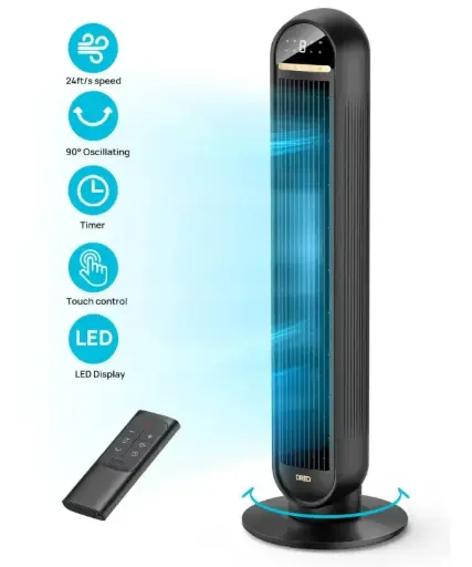 Dreo Tower Fans for Home, 36" Standing Floor Fan with Remote, 90° Oscillating Fan, 24 ft/s High Velocity, LED Display, 4 Speeds, 4 Modes, 8H Timer, Quiet Bedroom Fan