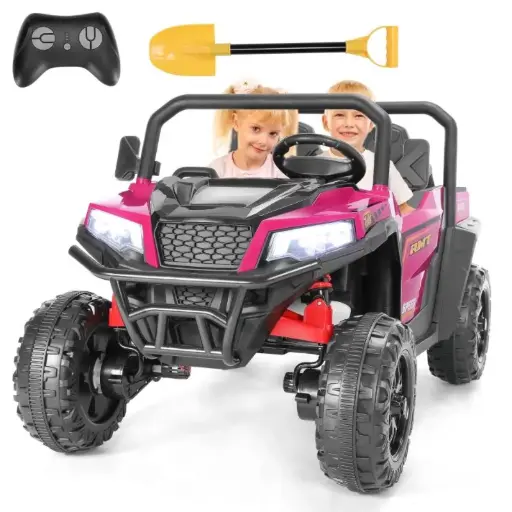 FUNTOK 24V 2 Seater Kids Electric Ride on Truck,4 x 200W Motor Battery Powered UTV,4WD Motorized Cars for Toddler w/ Dump Bed,Shovel,Remote Control,Bluetooth & 4 Wheel Suspension,Pink
