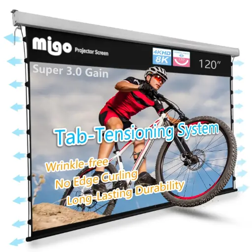 Migo 120 inch Pull Down Projector Screen, Soft White Super 3.0 Gain 16:9 4K Ultra HD Tab-Tensioned Ceiling Mount Projector Screen for Long Throw or Short Throw Projector Movie Home Theater Cinema
