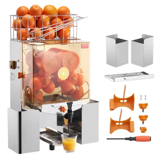 VEVOR Commercial Orange Juicer Machine, 120W Automatic Juice Extractor with Water Tap, Stainless Steel Orange Squeezer 20 Oranges/Minute, with Pull-Out Filter Box, PC Cover, 2 Peel Collecting Buckets Silver 120W-Countertop with Water Tap