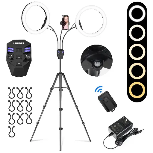 [Lighting] SEBIDER Dual 10" LED Ring Light with Tripod Stand & Phone Holder, Selfie Circle Lights with 5 Light Modes (2700-6500K)&12 Brightness Compatible for Makeup/Photography/TikTok/YouTube/Live Stream